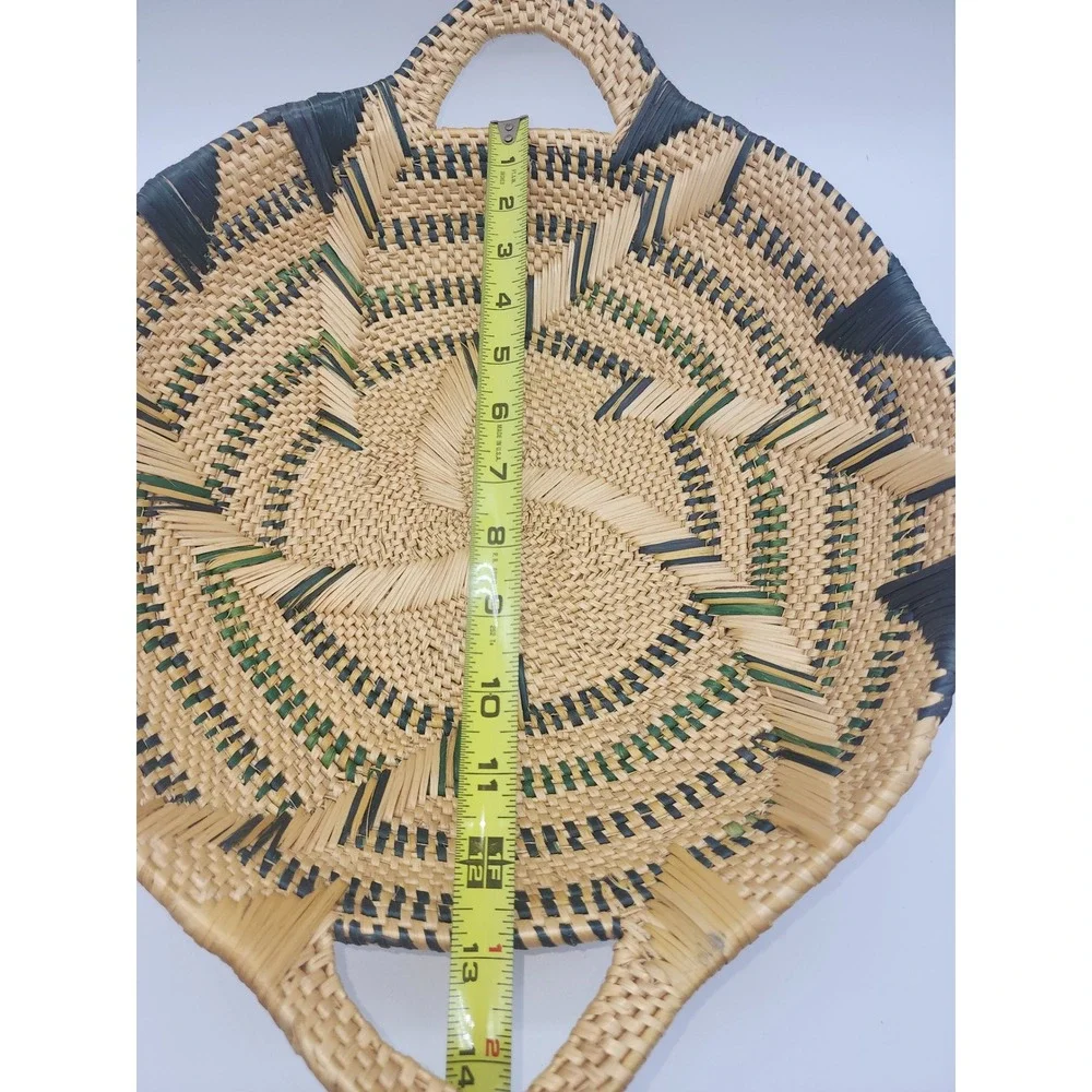 Handcrafted Woven Basket Tray Sunburst Pattern Round Shallow Bowl with Handles